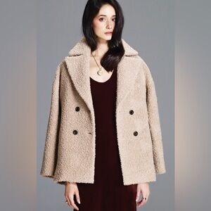 Lyn Devon  Double-Breasted Teddy Jacket Coat Alpaca Wool Silk Lined Camel Sz 12